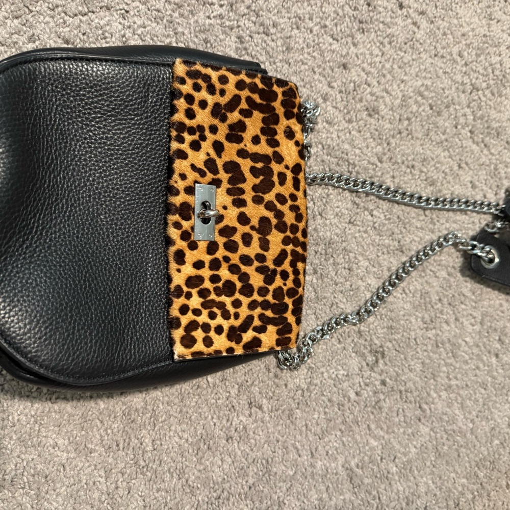 Leopard Print and Black Leather Women's Bag silver cross body